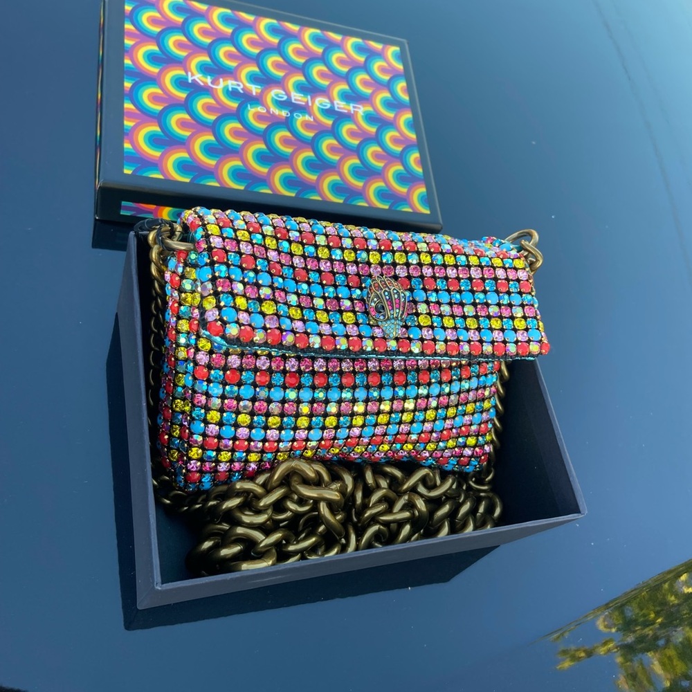 Kurt Geiger Multicolor Crystal Clutch with Gold Chain